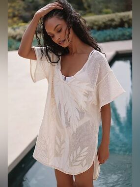 Anthropologie Celandine Sheer Palm Embroidered Beach Cover-Up in Cream size S
